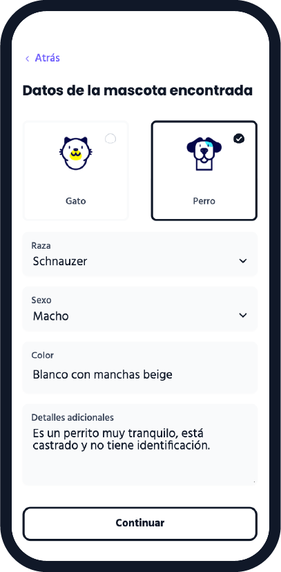 Pantalla de reporte de Sabueso