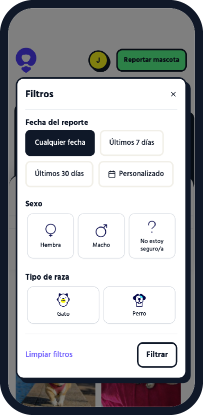 Pantalla de filtros de búsqueda de Sabueso